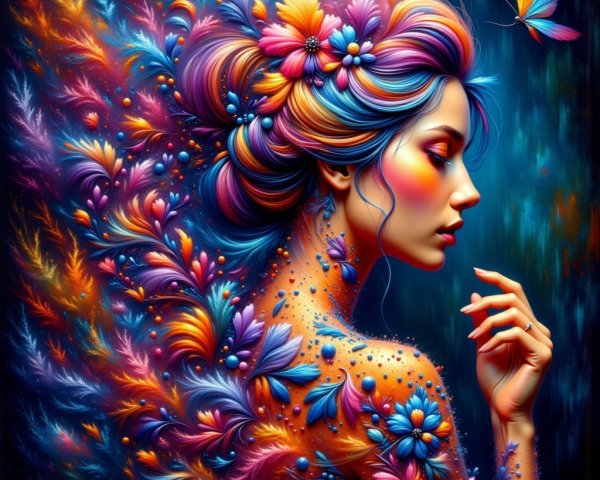 Surreal Portrait of a Woman with Colorful Flowers