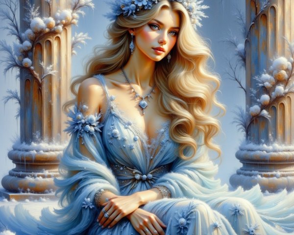 Young Woman in Icy Blue Gown Among Stone Pillars