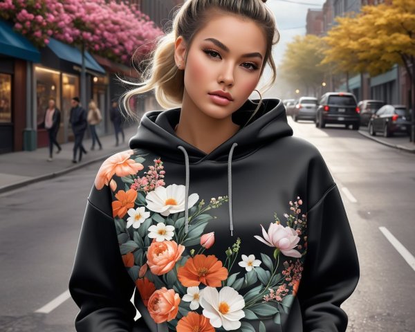 Young woman in floral hoodie on tree-lined street