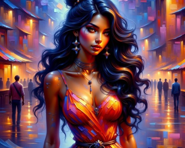 Vibrant street scene featuring a woman in orange dress