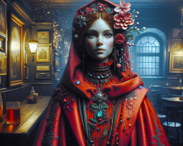 Mannequin in Embroidered Red Cloak in Vintage Tavern