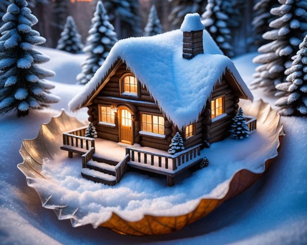 Log Cabin in Snowy Landscape with Twilight Hues