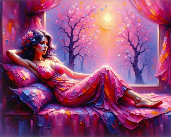 Serene Scene of a Woman on a Vibrant Bed