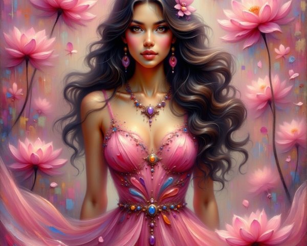 Elegant Woman in Pink Gown Among Lotus Flowers
