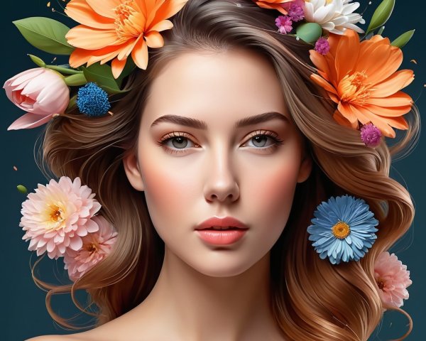 Young woman with wavy hair and colorful flowers