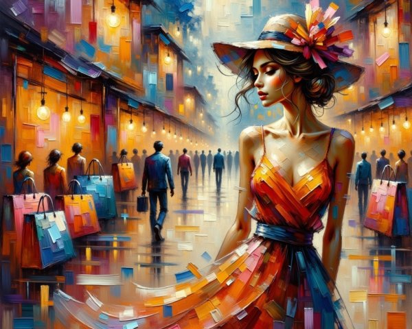 Vibrant Dusk Street Scene with Lanterns and Shoppers