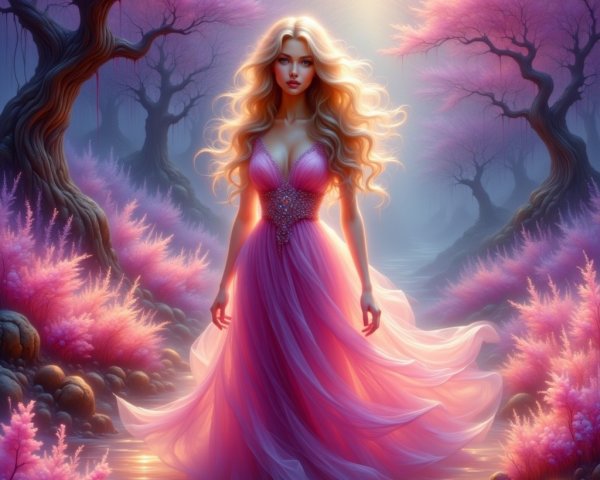 Mystical forest scene with woman in pink gown