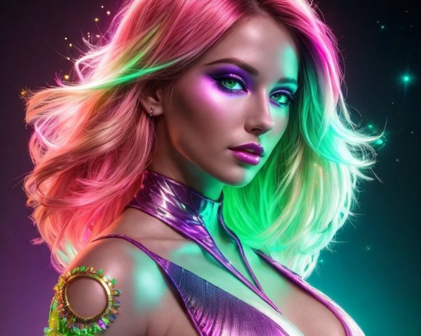 Vibrant Figure with Colorful Hair in Mystical Setting