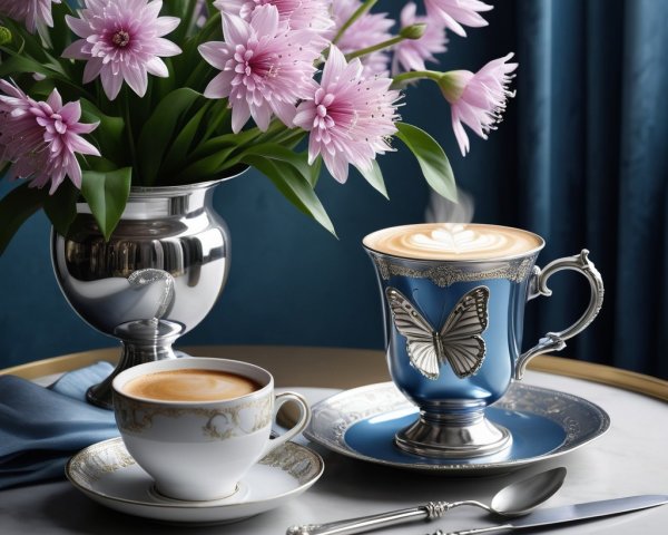 Elegant Table Setting with Flowers and Coffee Cups