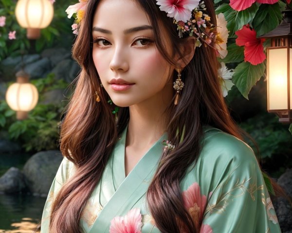 Young Woman in Green Kimono by Garden Pond