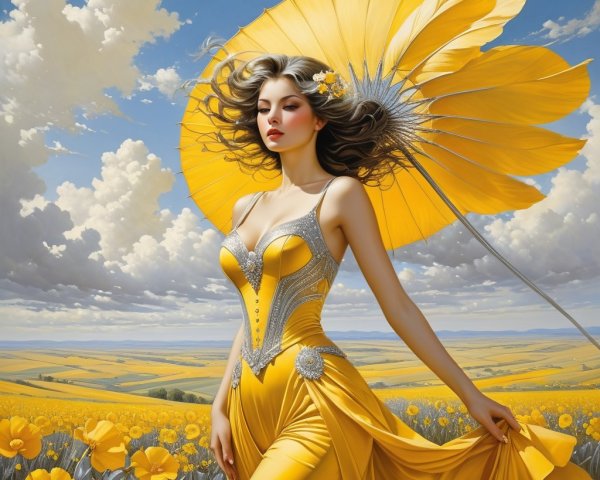 Woman in Yellow Dress in Flower Field Under Blue Sky