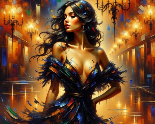 Elegant woman in abstract dress with glowing backdrop