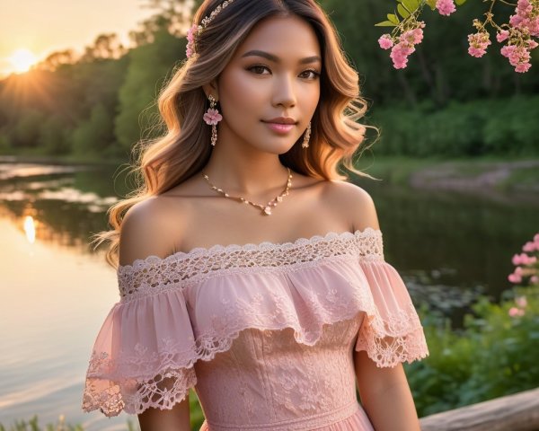 Young woman in blush dress by serene sunset lake
