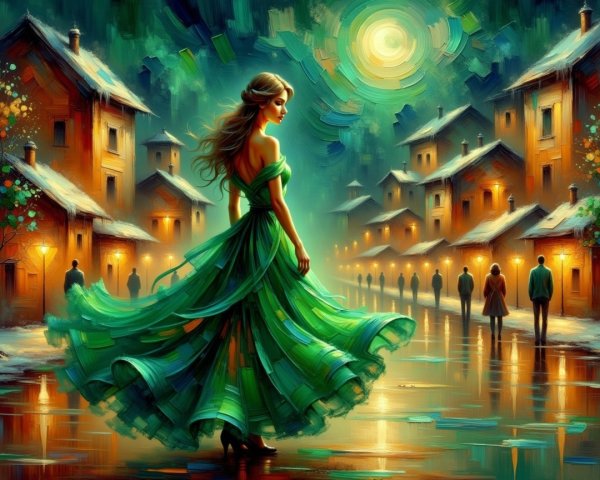 Emerald Dress Woman on Cobblestone Street at Night