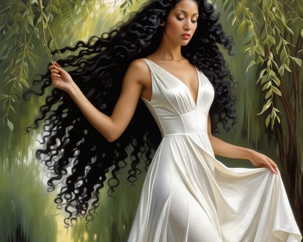 Serene Woman in Lush Greenery with Flowing Gown