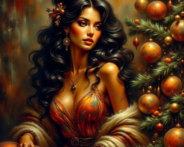 Glamorous Woman in Autumn Leaves with Christmas Tree