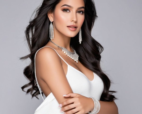 Elegant Portrait of Woman with Dark Hair and Jewelry