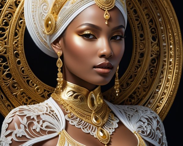 Striking Woman in Golden Jewelry and Headdress