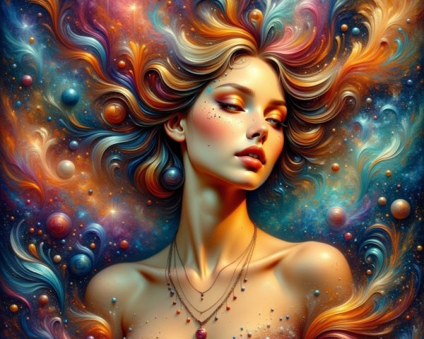 Whimsical Woman in Cosmic Vibrant Backdrop