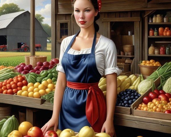 Young Woman at Vibrant Farmers' Market with Produce
