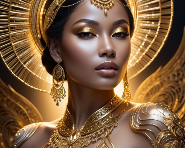 Portrait of a woman in gold jewelry and elaborate attire