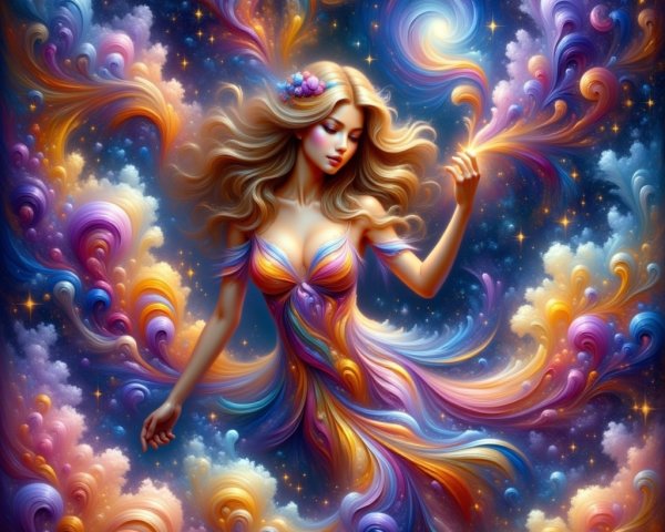 Mystical Woman in Colorful Cosmic Swirls