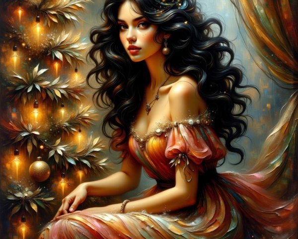 Woman in vibrant gown by a festive Christmas tree