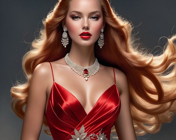 Glamorous Woman in Elegant Red Gown and Bold Makeup