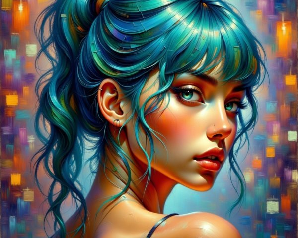 Young woman with teal hair and striking green eyes