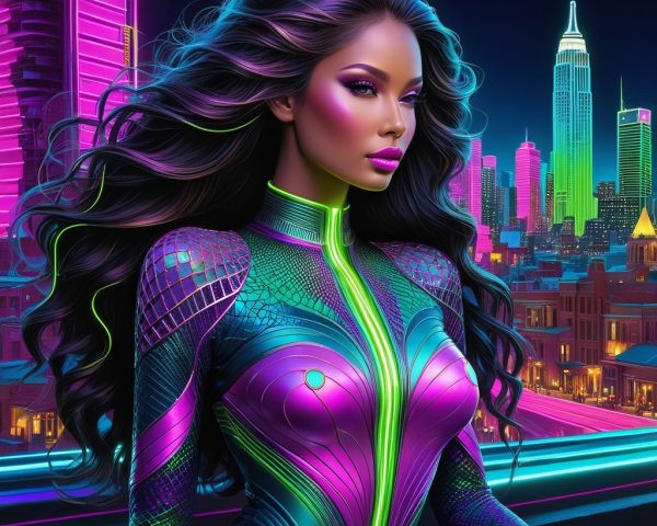 Futuristic Woman in Neon Bodysuit Against City Skyline