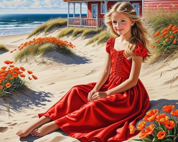 Young girl in red dress on beach with flowers and waves