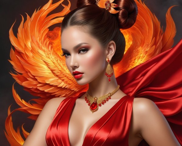 Elegant portrait of a woman in a red gown with flames