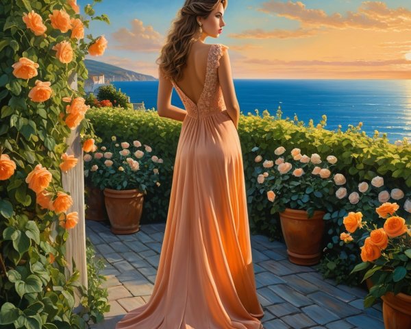 Woman in Peach Gown on Ocean View Terrace at Sunset