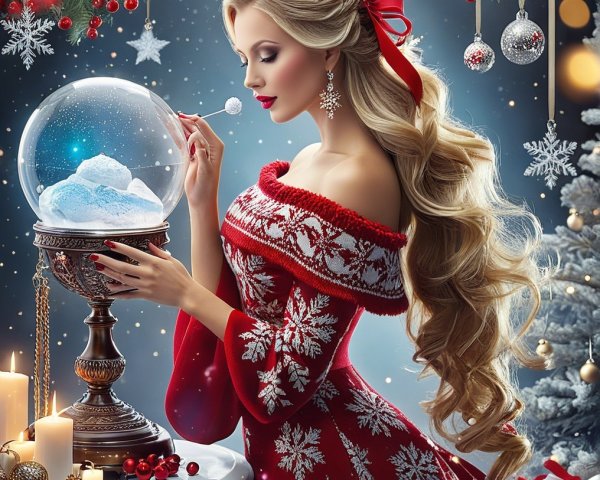 Festive Woman in Red Gown with Snow Globe and Decor