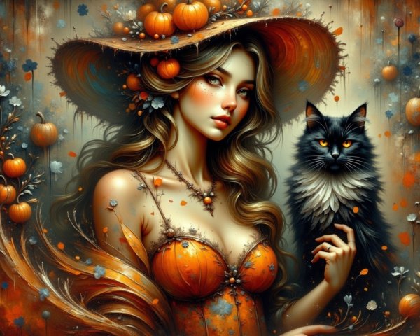 Woman in Orange Dress with Black Cat and Pumpkins
