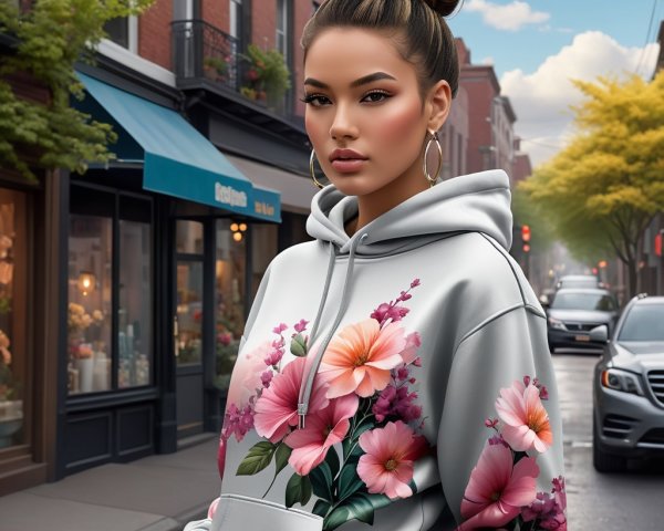 Young woman in silver floral hoodie on urban street