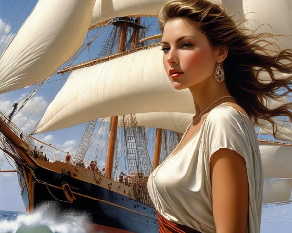 Young Woman in White Gown with Tall Ship at Sea