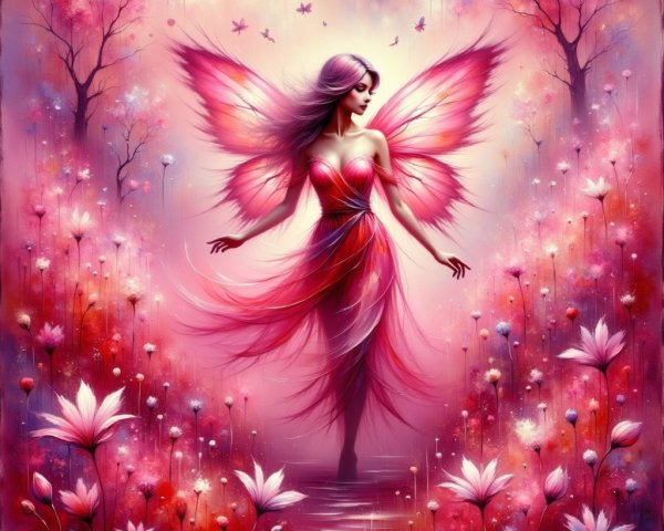 Magenta Fairy in Dreamy Landscape Painting Description