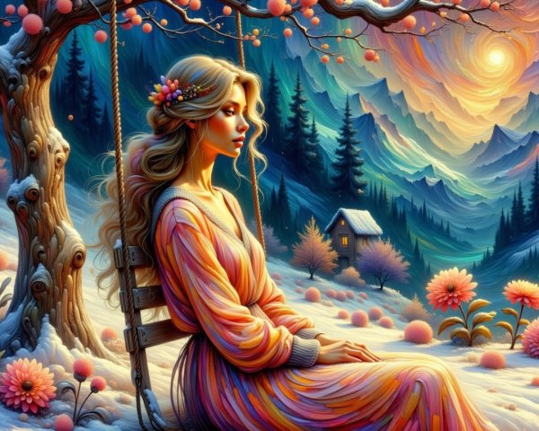 Digital Painting of Woman in Snowy Forest Setting