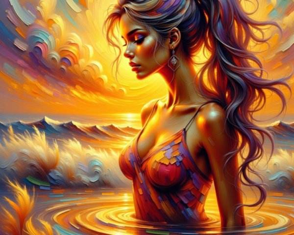 Stylized Portrait of Woman in Sunset by Water