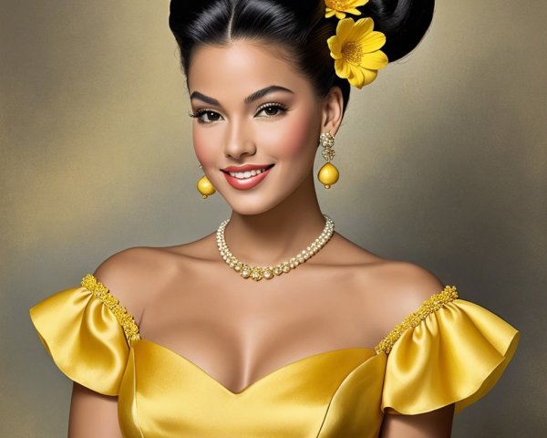 Elegant Woman in Yellow Gown with Floral Accents