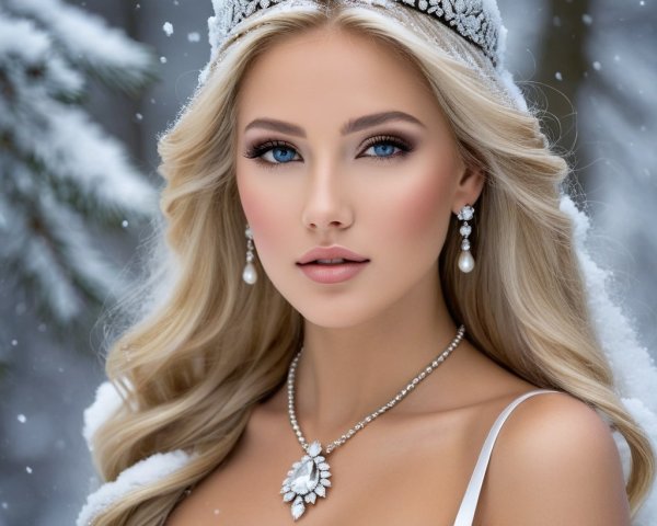 Woman in White Gown Surrounded by Snowy Landscape