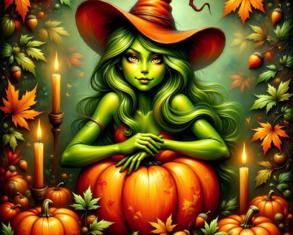 Mystical Witch Surrounded by Autumn Foliage and Pumpkins