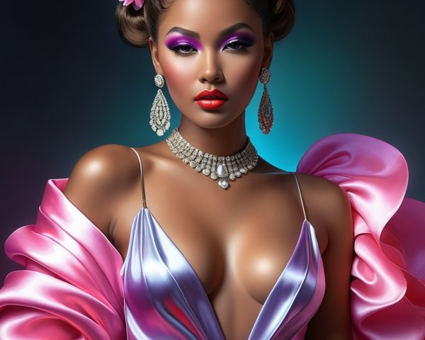 Glamorous Model in Lavish Lavender Gown and Bold Makeup