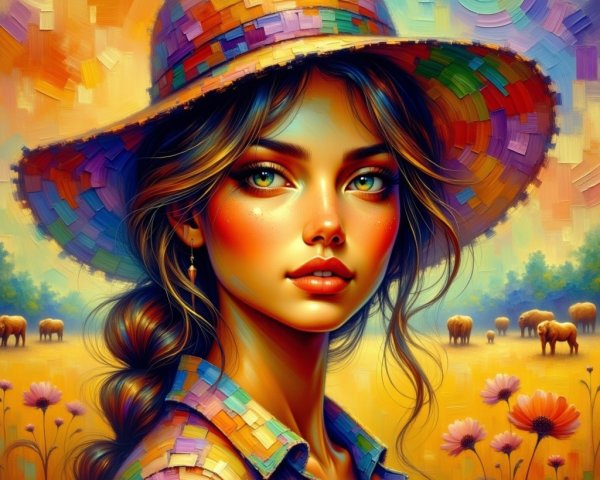 Young woman in colorful hat in sunlit meadow scene