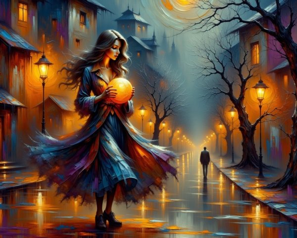 Misty Street Scene with Woman and Glowing Orb