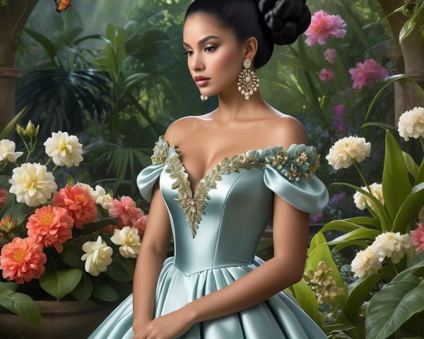 Young Woman in Aqua Gown in Lush Flower Garden