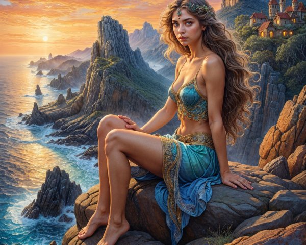 Fantasy Scene of Woman in Blue Outfit on Cliff