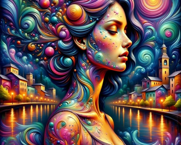 Abstract Portrait of Woman with Cosmic Patterns