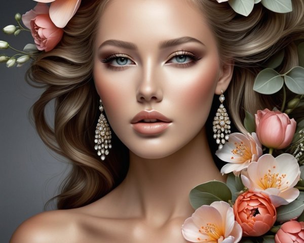 Portrait of a Woman with Flowers and Elegant Makeup